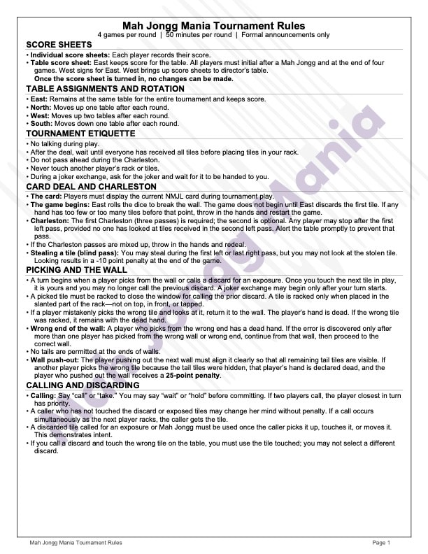 Mah Jongg Mania tournament rules document