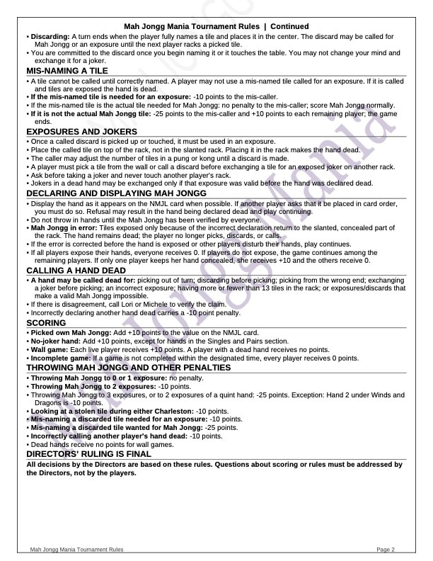 Mah Jongg Mania Official Tournament Rules — Page 2