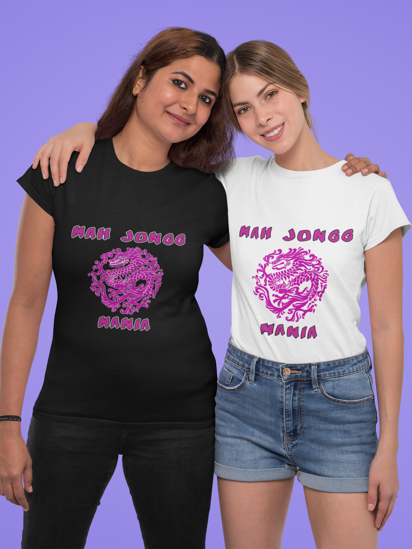 Mah Jongg Mania dragon shirts in black and white